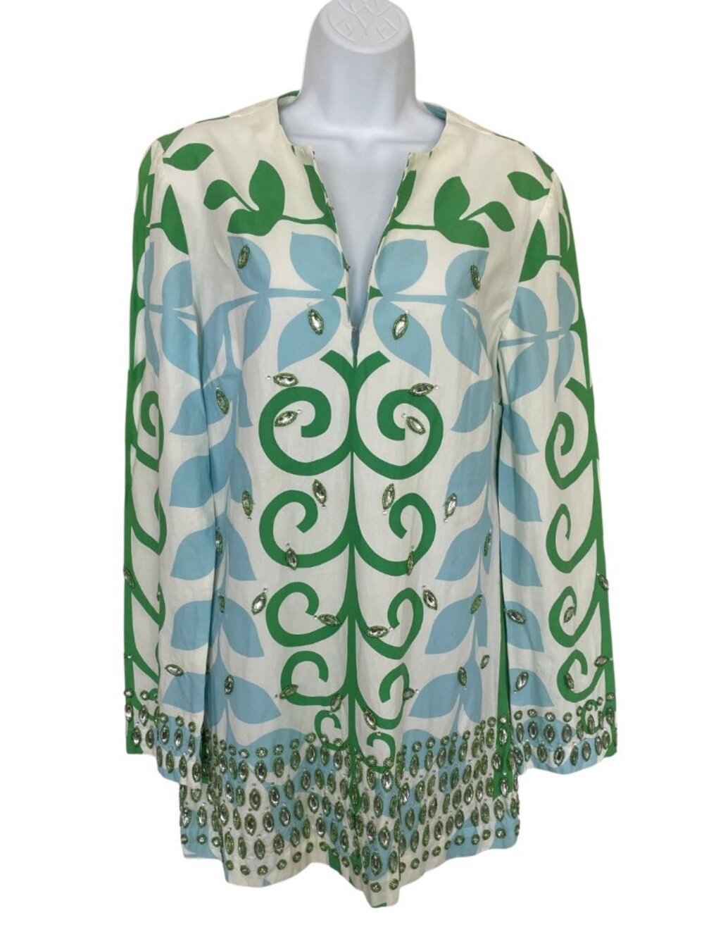 Tory Burch Taj Jewel Crystal Embellished Tunic Top Blouse Sz 12 Rare Green Blue